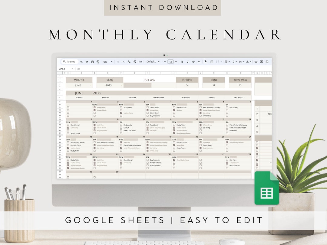 Digital Monthly Calendar 2026 | Google Sheets | Task Planner ...