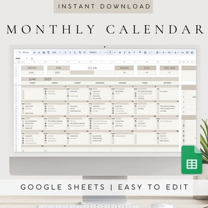 Digital Monthly Calendar 2024 2025 | Google Sheets | Task Planner Spreadsheet | Undated Productivity Planner | Task Tracker | To-Do List