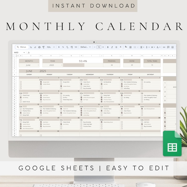Digital Monthly Calendar 2024 2025 | Google Sheets | Task Planner Spreadsheet | Undated Productivity Planner | Task Tracker | To-Do List
