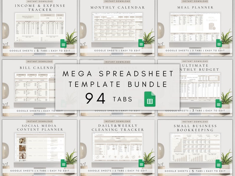 May include: A digital spreadsheet template bundle with 94 tabs, including income & expense tracker, monthly calendar, meal planner, bill calendar, social media content planner, and small business bookkeeping. Each template is easy to edit in Google Sheets.