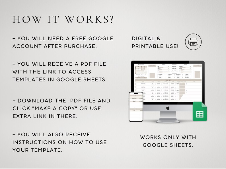 May include: Digital and printable template instructions. The image shows a computer monitor and a smartphone displaying a spreadsheet, with the text "HOW IT WORKS?" and instructions on how to use the template. The template works with Google Sheets.