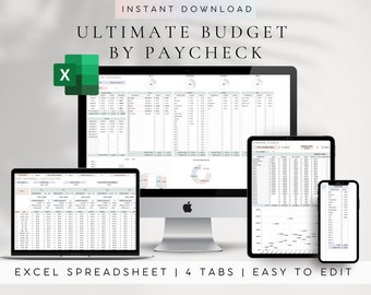 May include: A digital image showing four different devices displaying an Excel spreadsheet with the title "Ultimate Budget by Paycheck". The spreadsheet has four tabs: "By Paycheck", "Debt Snowball Calculator", "Savings Funds", and "Spending Funds".