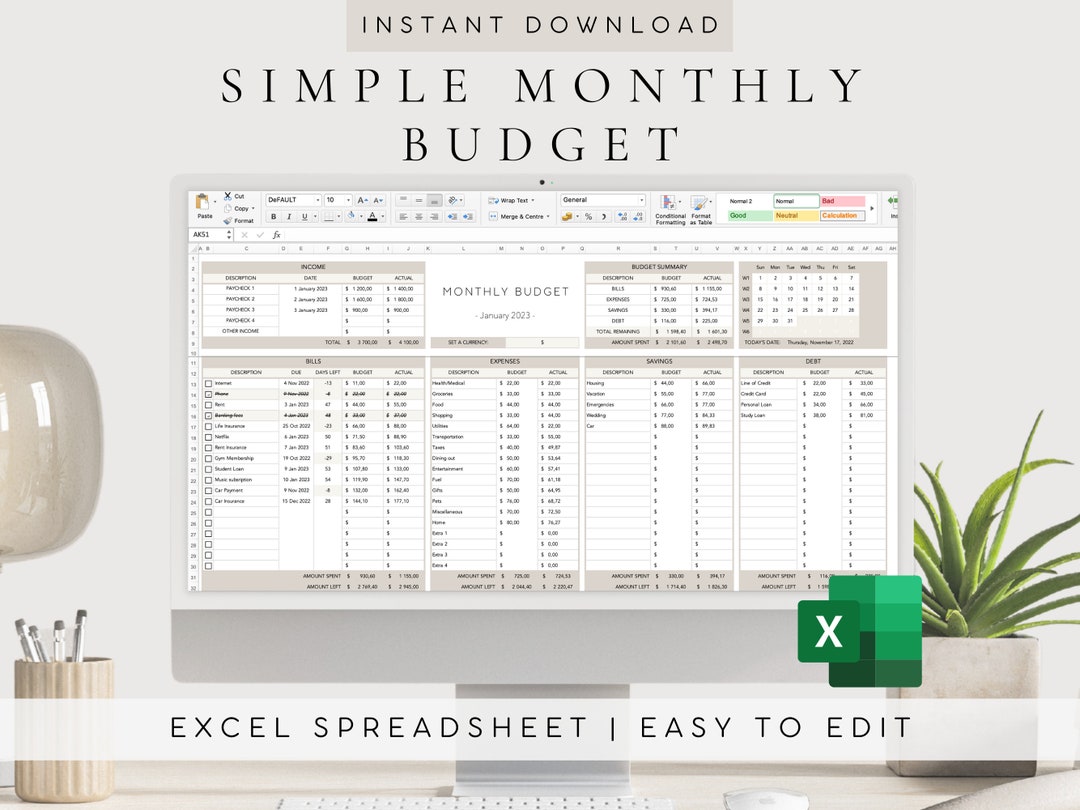Monthly Budget Spreadsheet Template | Excel Budget Planner | Weekly ...