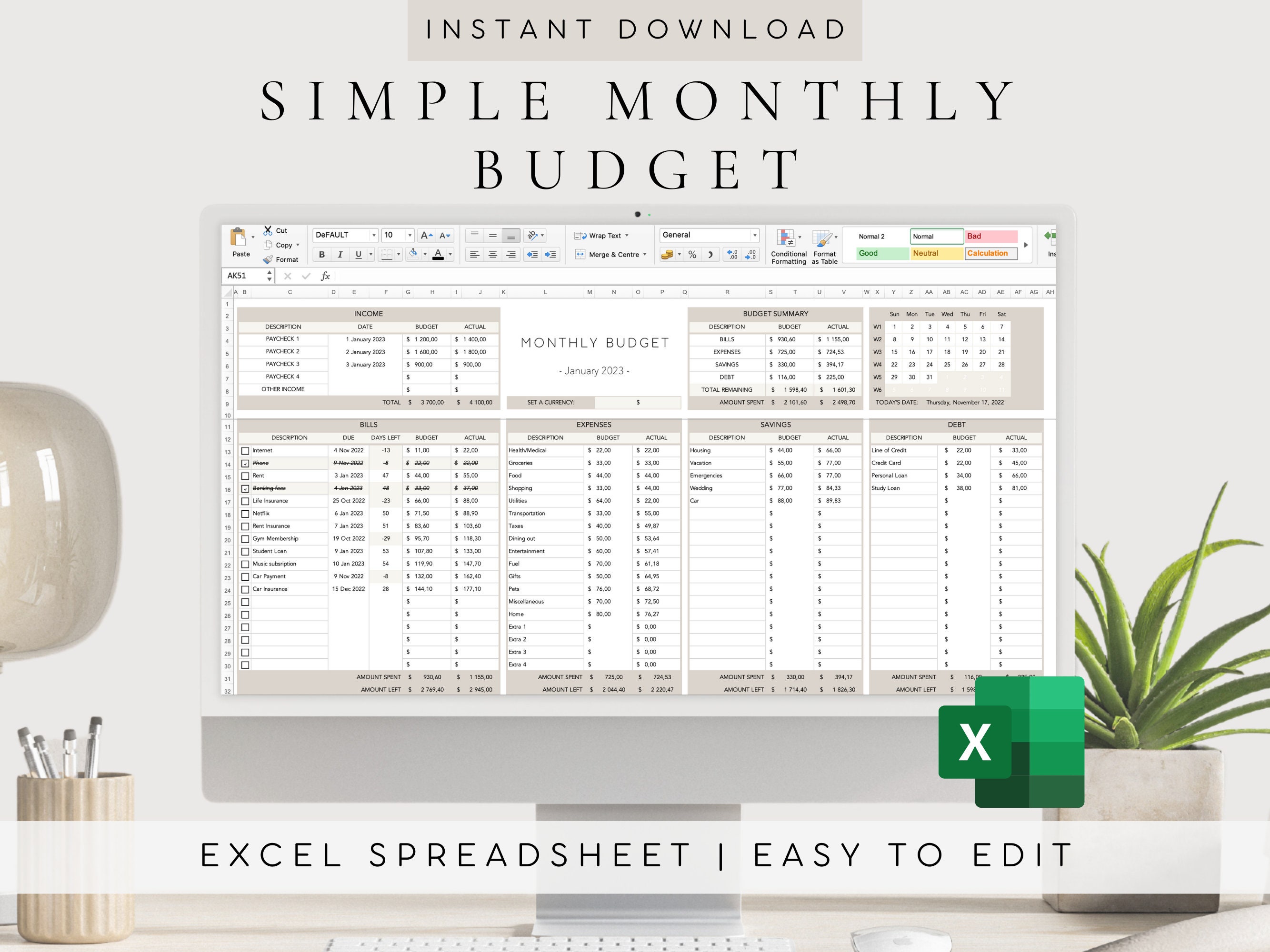 Monthly Budget Spreadsheet Template Excel Budget Planner Etsy Australia