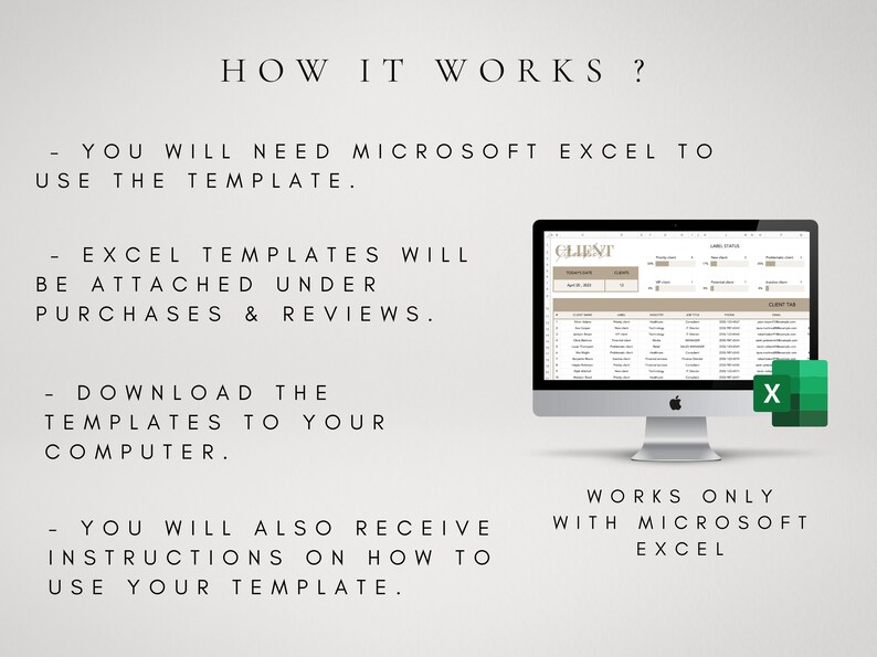K&ouml;nnte beinhalten: So funktioniert es: Sie ben&ouml;tigen Microsoft Excel, um die Vorlage zu verwenden. Excel-Vorlagen werden unter K&auml;ufen und Bewertungen beigef&uuml;gt. Laden Sie die Vorlagen auf Ihren Computer herunter. Sie erhalten auch Anweisungen zur Verwendung Ihrer Vorlage. Funktioniert nur mit Microsoft Excel.