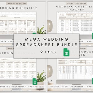 May include: A digital wedding spreadsheet bundle with 9 tabs, including a checklist, guest list tracker, and budget tracker. The image shows computer screens with spreadsheet templates, a Google Sheets icon, and the text "MEGA WEDDING SPREADSHEET BUNDLE".