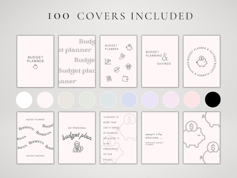 Op de afbeelding: Een collectie van 100 budgetplanner-covers met diverse ontwerpen en teksten zoals BUDGET PLANNER, MY PERSONAL budget plan en smart life choices. De covers bevatten iconen van spaarvarkens, munten en financi&euml;le grafieken in zwarte inkt.