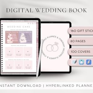 May include: A digital wedding planner and itinerary book with 160 gift stickers, 80 pages, and 100 covers. The cover features a pink and white wedding cake with a ring design. The text "Wedding Cake" and "Wedding Planner & Itinerary" are visible.