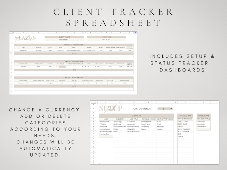 May include: A digital spreadsheet template for tracking clients, projects, and invoices. The template includes sections for client information, invoice details, project status, and payment methods. The template is customisable and allows users to add or delete categories as needed.