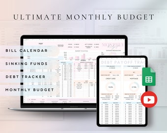 May include: A digital illustration of a laptop and tablet screen displaying a Google Sheets spreadsheet with four tabs labeled "Bill Calendar", "Sinking Funds", "Debt Tracker", and "Monthly Budget". The spreadsheet is designed to help users track their finances and create a budget. The text "Ultimate Monthly Budget" is displayed at the top of the image.