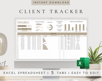 May include: A computer screen displaying an Excel spreadsheet with a client tracker template. The spreadsheet has five tabs, including "Invoice", "Invoice Countdown", "Invoice Paid", "Payment Method Breakdown", and "Invoice Tab". The spreadsheet includes data such as client names, invoice numbers, dates, and amounts. The spreadsheet is designed to help businesses track their clients and invoices.