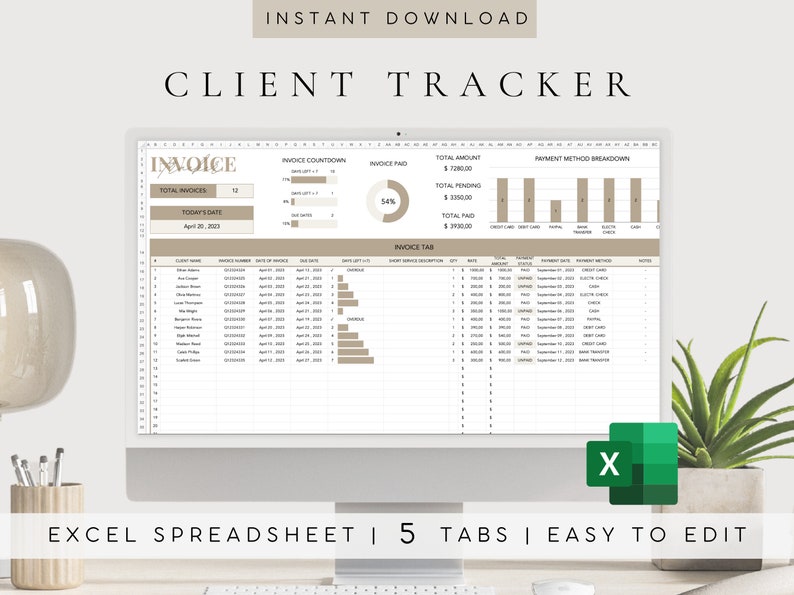 K&ouml;nnte beinhalten: Ein Computerbildschirm zeigt eine Excel-Tabelle mit einer Client-Tracker-Vorlage. Die Tabelle hat f&uuml;nf Registerkarten, darunter "Rechnung", "Rechnungsz&auml;hler", "Rechnung bezahlt", "Zahlungsmethode Aufschl&uuml;sselung" und "Rechnungsregisterkarte". Die Tabelle enth&auml;lt Daten wie Kundennamen, Rechnungsnummern, Daten und Betr&auml;ge. Die Tabelle soll Unternehmen dabei helfen, ihre Kunden und Rechnungen zu verfolgen.