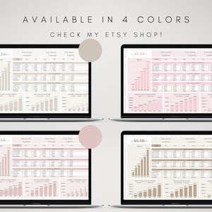 May include: Four screenshots of a laptop screen displaying a spreadsheet template for tracking business finances. The spreadsheet is available in four color schemes: beige, pink, beige, and pink. The text "AVAILABLE IN 4 COLORS" and "CHECK MY ETSY SHOP!" is displayed at the top of the image.