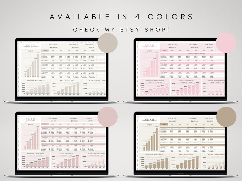 May include: Four screenshots of a laptop screen displaying a spreadsheet template for tracking business finances. The spreadsheet is available in four color schemes: beige, pink, beige, and pink. The text "AVAILABLE IN 4 COLORS" and "CHECK MY ETSY SHOP!" is displayed at the top of the image.
