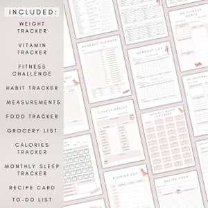 Puede incluir: Un planificador de fitness imprimible con un esquema de color rosa y blanco. El planificador incluye p&aacute;ginas para hacer un seguimiento del peso, las vitaminas, los entrenamientos, la comida, el sue&ntilde;o, la ingesta de agua y mucho m&aacute;s. El planificador tambi&eacute;n incluye un rastreador de h&aacute;bitos, una lista de la compra y tarjetas de recetas.