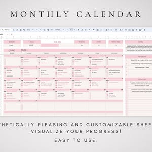 May include: A digital monthly calendar spreadsheet template in shades of light pink and white. The layout includes a grid for June 2026, a notes section, top goals, and a to-do list. The text Monthly Calendar is displayed at the top of the page.