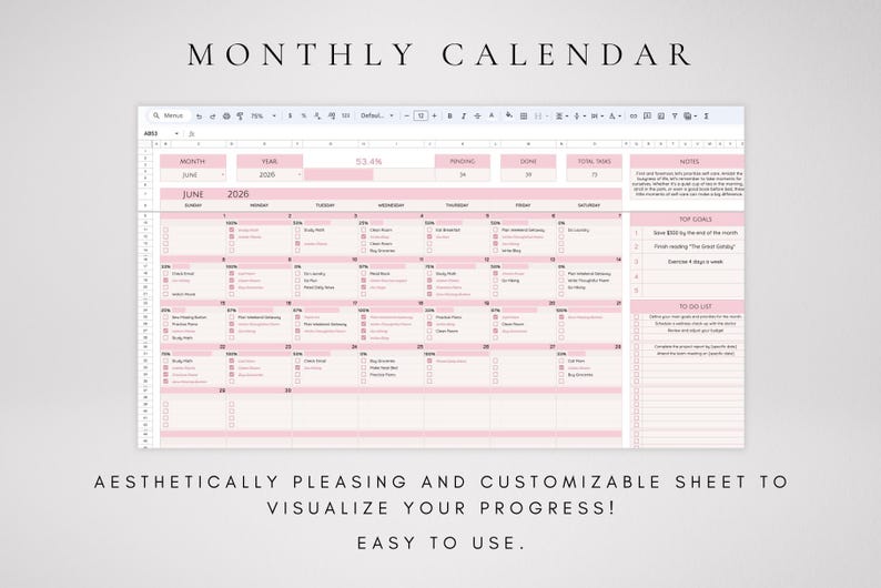 May include: A digital monthly calendar spreadsheet template in shades of light pink and white. The layout includes a grid for June 2026, a notes section, top goals, and a to-do list. The text Monthly Calendar is displayed at the top of the page.