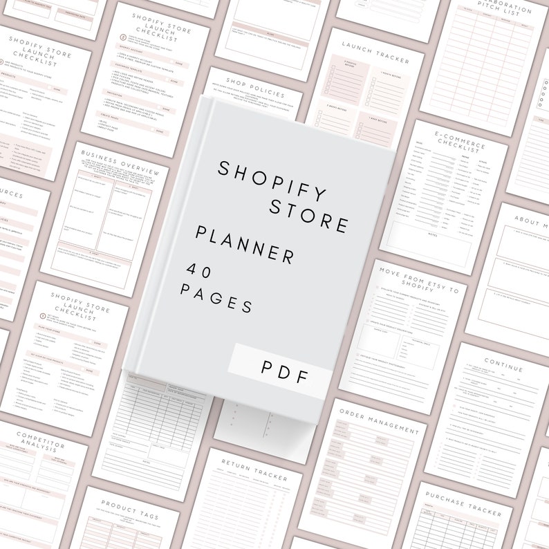 May include: A white and pink printable PDF planner for Shopify store owners. The planner includes checklists, trackers, and worksheets to help you launch and grow your online business. The cover features the text "Shopify Store Planner 40 Pages PDF".