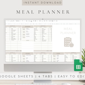 May include: A computer screen displaying a Google Sheets spreadsheet with a meal planner template. The spreadsheet has four tabs: Grocery List, Wednesday, Saturday, and Sunday. The template is designed to help users plan their meals and create grocery lists. The text "MEAL PLANNER" appears in the top left corner of the screen. The text "GOOGLE SHEETS | 4 TABS | EASY TO EDIT" appears below the screen.