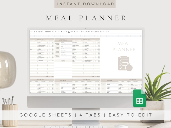 Meal Planner Google Sheets | Meal Planner Template | Meal Planner and Grocery List | Meal Prep Google Sheets Planner | Nutrition Planner