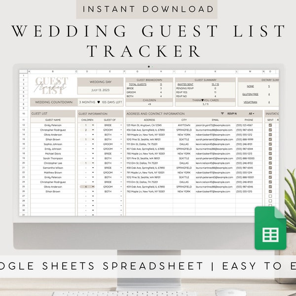 Modèle de liste d’invités de mariage | Liste des invités de mariage Google Sheets | Feuille de calcul de mariage Feuille Google | Liste d'invités numérique pour un événement de mariage