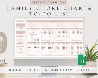 Könnte beinhalten: Ein Computerbildschirm zeigt eine Google Sheets-Tabelle mit einem rosa-weißen Farbschema. Die Tabelle ist mit "Family Chore Chart & To-Do List" betitelt und hat mehrere Registerkarten, darunter "Week 1 Leaderboard", "This Week's Thought Filter", "Family Chore Chart Progress" und "Overall Weekly Progress". Die Tabelle soll Familien helfen, ihre Aufgaben und To-Do-Listen zu organisieren und zu verfolgen.