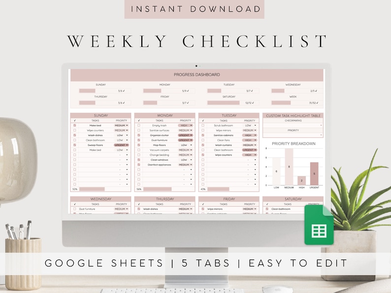 Task Highlights Weekly Checklist Google Sheets Planner | Undated Household Task Tracker ...