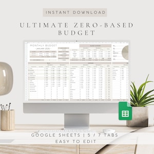 May include: A computer monitor displaying an Ultimate Zero-Based Budget spreadsheet for January 2026. The screen shows columns for bills, expenses, and a budget summary. A green Google Sheets icon is visible, with text reading Instant Download.