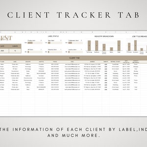 K&ouml;nnte beinhalten: Eine Tabellenkalkulation mit einem braunen und wei&szlig;en Farbschema. Die Tabellenkalkulation tr&auml;gt den Titel "Client Tracker Tab" und hat Spalten f&uuml;r Kundenname, Label, Branche, Berufsbezeichnung, Telefon, E-Mail, Adresse, Website, Empfehlungsquelle, Kontaktdatum, Kontaktpr&auml;ferenz und Notizen. Die Tabellenkalkulation ist so konzipiert, dass sie Kundeninformationen verfolgt.