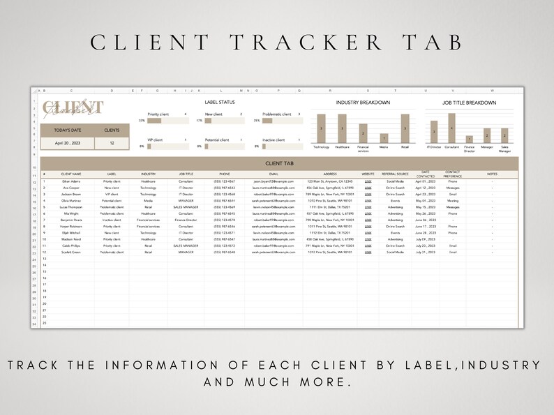 K&ouml;nnte beinhalten: Eine Tabellenkalkulation mit einem braunen und wei&szlig;en Farbschema. Die Tabellenkalkulation tr&auml;gt den Titel "Client Tracker Tab" und hat Spalten f&uuml;r Kundenname, Label, Branche, Berufsbezeichnung, Telefon, E-Mail, Adresse, Website, Empfehlungsquelle, Kontaktdatum, Kontaktpr&auml;ferenz und Notizen. Die Tabellenkalkulation ist so konzipiert, dass sie Kundeninformationen verfolgt.