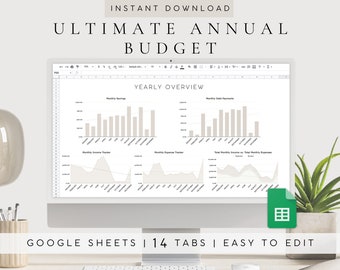 May include: A computer screen displaying a Google Sheets spreadsheet with the title "Ultimate Annual Budget". The spreadsheet includes charts and graphs for tracking monthly savings, debt payments, income, and expenses. The text "GOOGLE SHEETS | 14 TABS | EASY TO EDIT" is displayed below the screen.