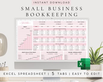 May include: A computer screen displaying a pink and white Excel spreadsheet with the title "Small Business Bookkeeping". The spreadsheet includes tabs for profit, profit goal, tax collected, income, expense, and profit. The spreadsheet is labeled "Excel Spreadsheet | 5 Tabs | Easy to Edit".