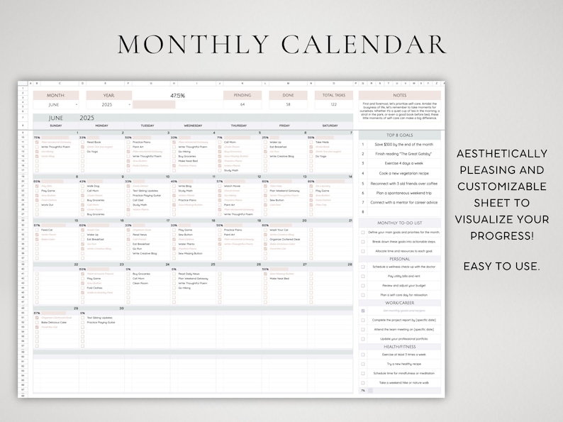 May include: A monthly calendar planner with a light blue and white design. The calendar is for June 2025 and includes a section for top goals, a monthly to-do list, and notes. The calendar is 475% complete.