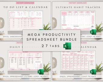 May include: A digital image showing a computer screen displaying a spreadsheet with the text "MEGA PRODUCTIVITY SPREADSHEET BUNDLE" and "27 TABS". The spreadsheet is divided into four sections, each with a different title: "TO DO LIST & CALENDAR", "ULTIMATE HABIT TRACKER", "DAILY CHECKLIST", and "CALENDAR". The spreadsheet is pink and white and has a green Excel icon in the corner.