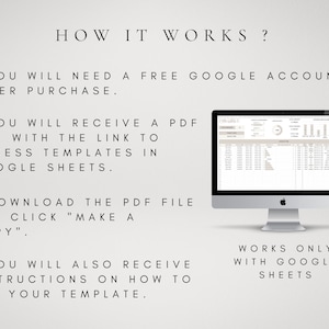 May include: A computer screen displaying a Google Sheets spreadsheet with a chart and data. The text "HOW IT WORKS?" is displayed above the computer screen. The text "YOU WILL NEED A FREE GOOGLE ACCOUNT AFTER PURCHASE." is displayed below the computer screen. The text "YOU WILL RECEIVE A PDF FILE WITH THE LINK TO ACCESS TEMPLATES IN GOOGLE SHEETS." is displayed below the computer screen. The text "DOWNLOAD THE PDF FILE AND CLICK "MAKE A COPY"." is displayed below the computer screen. The text "YOU WILL ALSO RECEIVE INSTRUCTIONS ON HOW TO USE YOUR TEMPLATE." is displayed below the computer screen. The text "WORKS ONLY WITH GOOGLE SHEETS" is displayed below the computer screen.