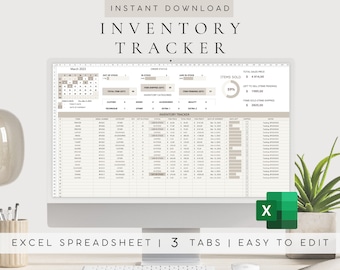 Może przedstawiać: Ekran komputera wyświetlający arkusz kalkulacyjny programu Excel w brązowo-białym schemacie kolorów. Arkusz kalkulacyjny nosi tytuł "Inventory Tracker" i zawiera kalendarz, listę artykułów oraz wykres. Tekst "March 2023" jest widoczny w lewym górnym rogu arkusza kalkulacyjnego. Tekst "EXCEL SPREADSHEET | 3 TABS | EASY TO EDIT" jest widoczny pod ekranem komputera.