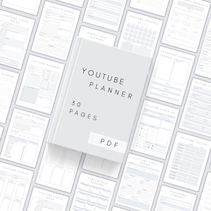 May include: A grey and white printable PDF planner for YouTube content creators. The planner includes pages for video ideas, video planning, weekly post planning, monthly planning, keyword research, video series planning, subscriber tracking, video income tracking, and sponsored content planning. The planner is 30 pages long.