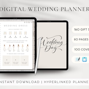 Peut inclure: Un planificateur de mariage numérique affiché sur l'écran d'une tablette. Le planificateur comprend un guide des silhouettes de robes de mariée, un tableau de vision des robes de mariée et le texte "Wedding Day". Le planificateur comprend également 160 autocollants cadeaux, 80 pages et 100 couvertures.