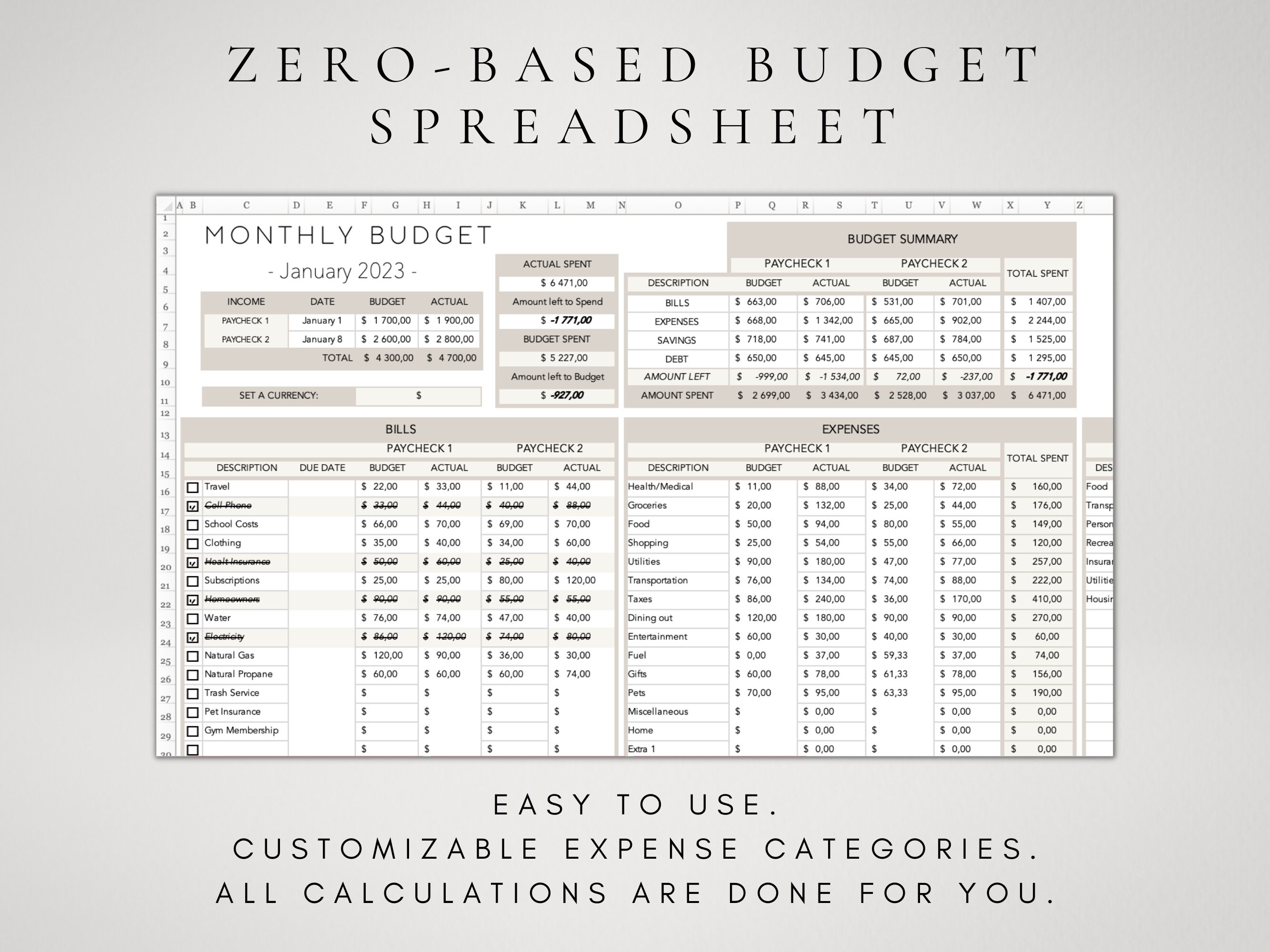 Zerobased Budget Excel Template Monthly Budget Template Etsy