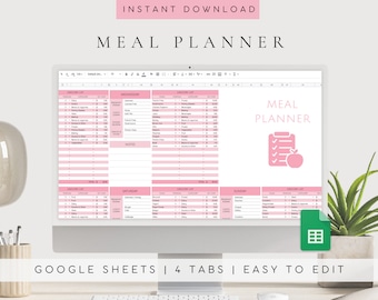 May include: A computer screen displaying a Google Sheets spreadsheet with a pink and white meal planner template. The spreadsheet has four tabs: Grocery List, Wednesday, Saturday, and Sunday. The template includes sections for meals, portions, and notes. The text "MEAL PLANNER" appears in the top left corner of the screen. The text "GOOGLE SHEETS | 4 TABS | EASY TO EDIT" appears below the screen.
