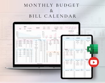 May include: A digital image showing a laptop and tablet screen displaying a Microsoft Excel spreadsheet with a monthly budget and bill calendar. The spreadsheet has two tabs, one for the budget and one for the calendar. The image also includes a green Excel icon and a red play button.