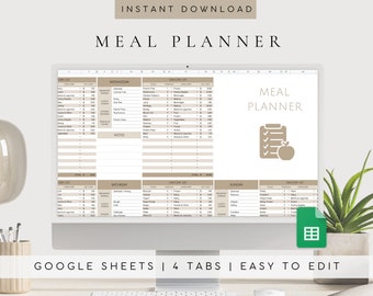 May include: A computer screen displaying a Google Sheets spreadsheet with a meal planner template. The spreadsheet has four tabs: Wednesday, Saturday, Sunday, and Grocery List. The template is designed to help users plan their meals and create a grocery list. The text "MEAL PLANNER" is displayed in a brown font on the screen. The text "GOOGLE SHEETS | 4 TABS | EASY TO EDIT" is displayed below the screen.