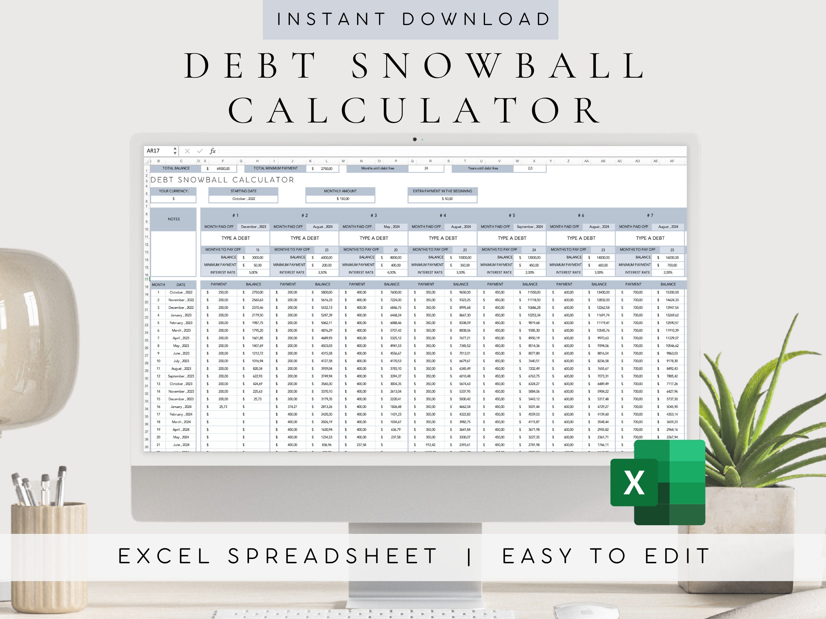 Debt Payoff Calculator Spreadsheet Debt Snowball Spreadsheet Etsy