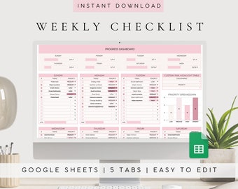 Plantilla de hoja de cálculo de lista de tareas digitales / Planificador diario, semanal y mensual / Rastreador de tareas de Google Sheets / Hoja de cálculo de lista de verificación / Planificador sin fecha