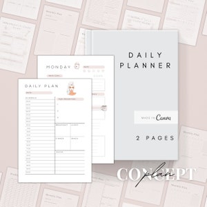 Könnte beinhalten: Eine druckbare Tagesplaner-Vorlage mit minimalistischem Design. Der Planer enthält Abschnitte für die Planung, Top-Prioritäten, Frühstück, Mittagessen, Abendessen, Snacks und Notizen. Die Vorlage ist für einen Montag konzipiert, kann aber für jeden Tag der Woche verwendet werden. Der Planer wurde in Canva erstellt und enthält den Text "DAILY PLANNER" und "2 PAGES".