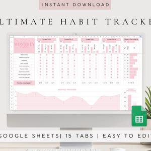Puede incluir: Un rastreador de h&aacute;bitos digital en un monitor de computadora, con una interfaz de hoja de c&aacute;lculo rosa y blanca con gr&aacute;ficos de progreso mensual y anual, etiquetado como "ULTIMATE HABIT TRACKER" e "INSTANT DOWNLOAD" con "GOOGLE SHEETS 15 TABS EASY TO EDIT".