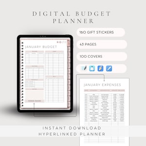 May include: A digital budget planner displayed on a tablet screen showing a January budget template with income, debt, savings, and expense trackers. Includes 160 gift stickers, 43 pages, 100 covers, and a separate January expenses sheet with hyperlinked navigation.