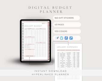 Puede incluir: Un planificador de presupuesto digital en una pantalla de tableta que muestra una plantilla de presupuesto de enero con seguimiento de ingresos, deudas, ahorros y gastos. Incluye 160 pegatinas, 43 páginas, 100 portadas y una hoja de gastos.