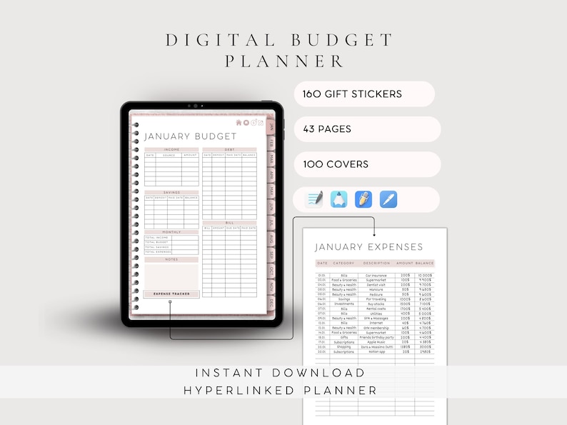 Op de afbeelding: Een digitale budgetplanner op een tabletscherm met een januari-budgetsjabloon inclusief overzichten voor inkomsten, schulden, spaargeld en uitgaven. Bevat 160 cadeau-stickers, 43 pagina's, 100 covers en een apart blad voor januari-uitgaven.