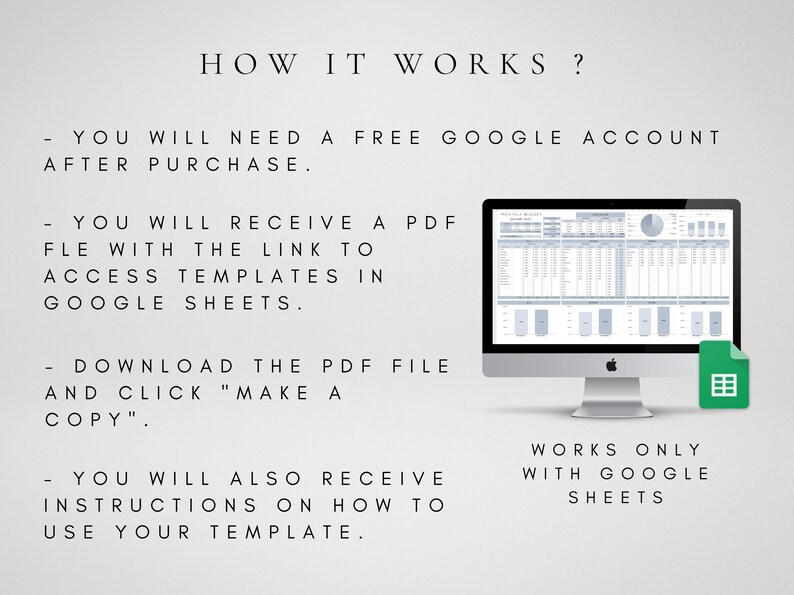 Może przedstawiać: Grafika instruktażowa zatytułowana HOW IT WORKS? przedstawiająca monitor komputera z arkuszem kalkulacyjnym i zieloną ikoną Google Sheets. Tekst wyjaśnia proces otrzymania pliku PDF z linkiem do szablon&oacute;w w arkuszach Google Sheets.